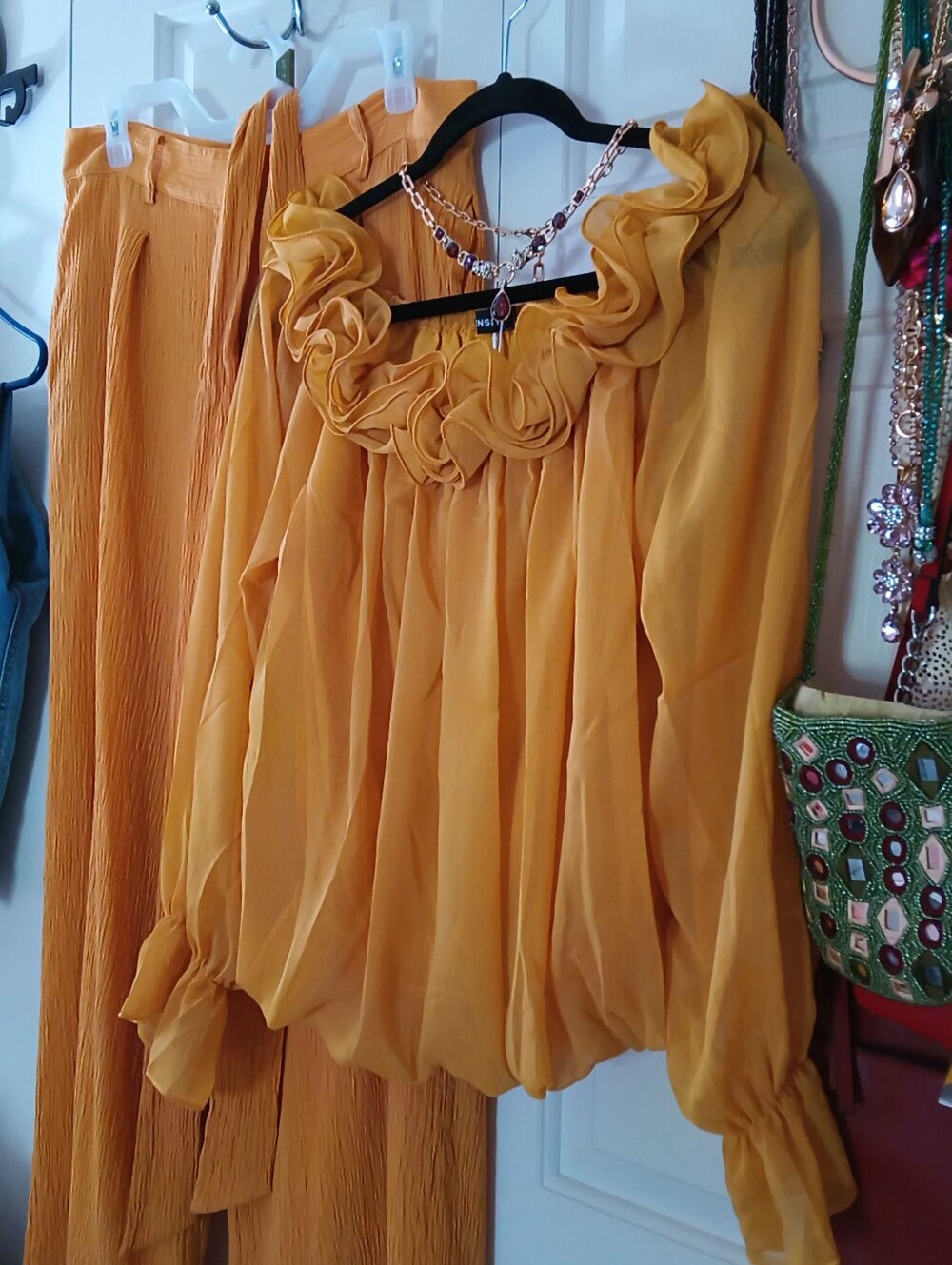 Chic mustard yellow chiffon ruffle blouse (XL), crepe pants (14), price for set